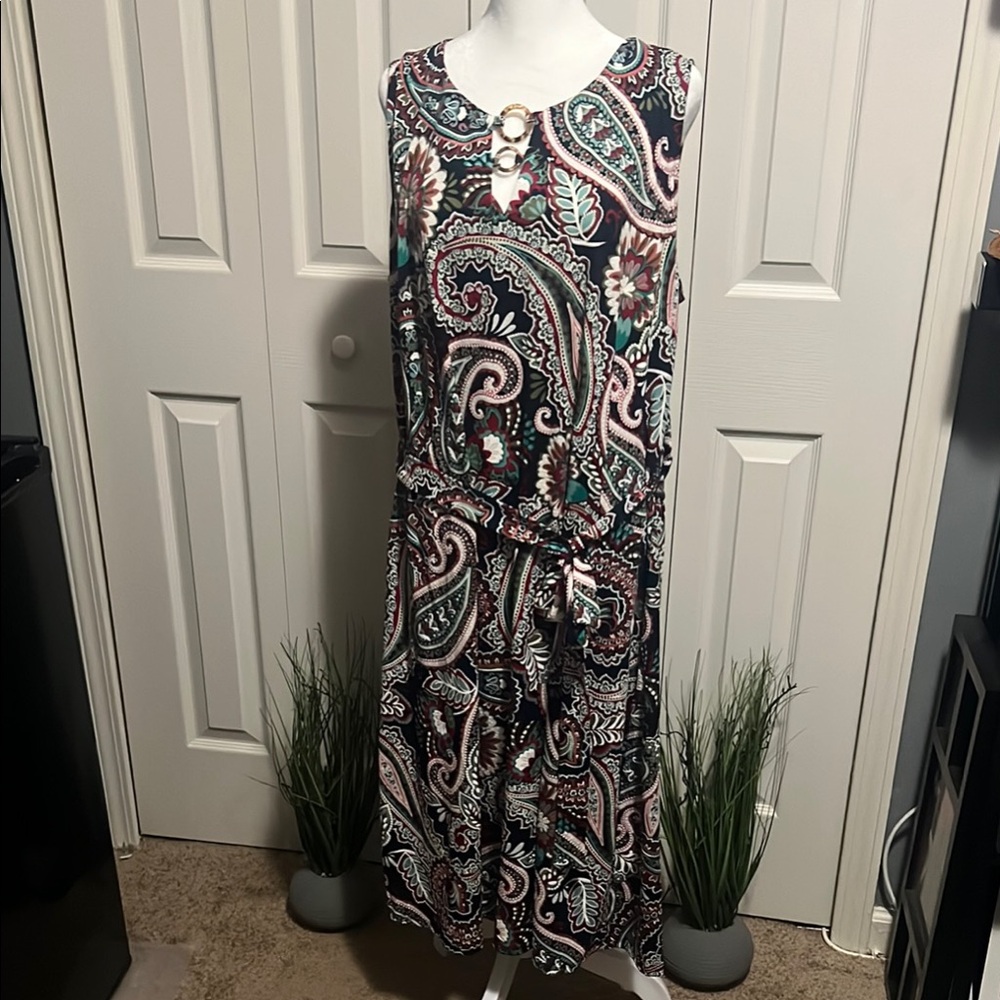 Tacera Navy and White Midi Sundress Crew Neck 3/4 Sleeve